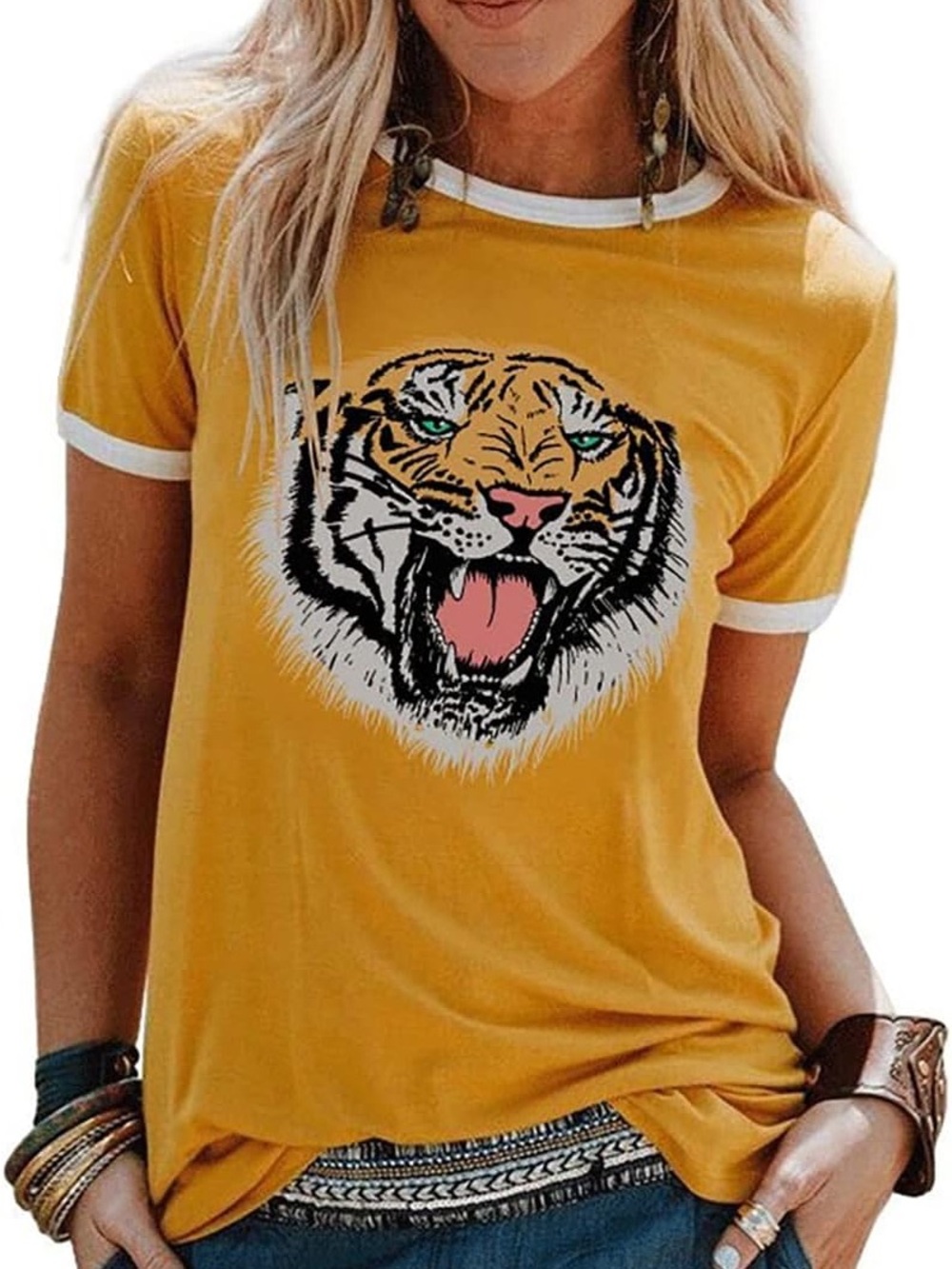 Women’s Mustard Tiger Graphic Ringer Tee